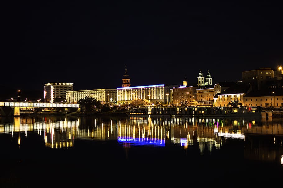 City, River, Lights, At Night, city lights, architecture, panorama HD wallpaper