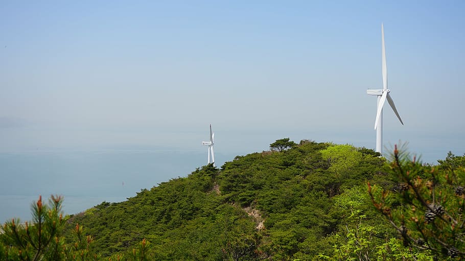 windmill, mountain, sea, landscape, wind turbine, environmental conservation HD wallpaper