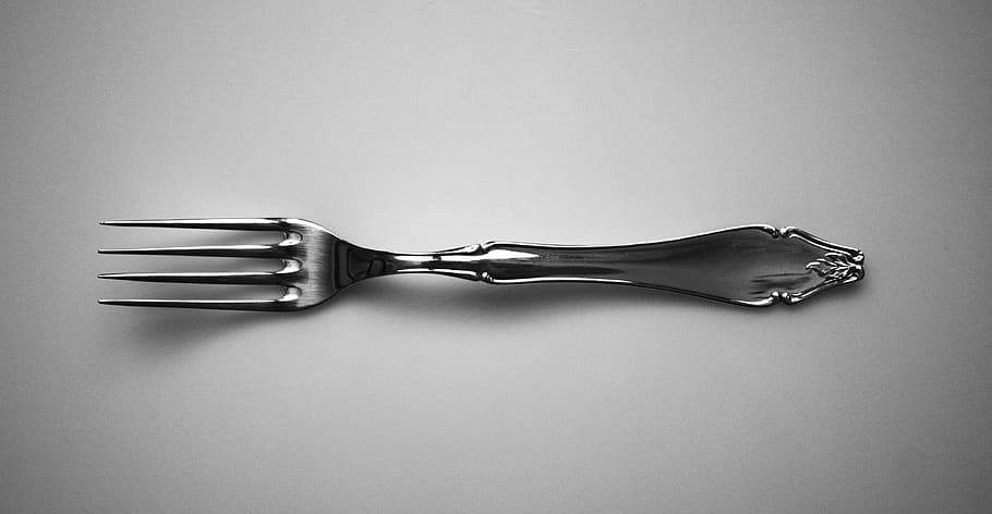 gray stainless steel fork on white surface, Tool, Table, Eat