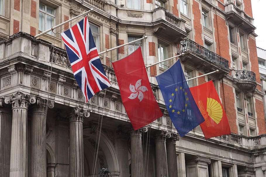 flags, london, yellow, building exterior, architecture, built structure, HD wallpaper