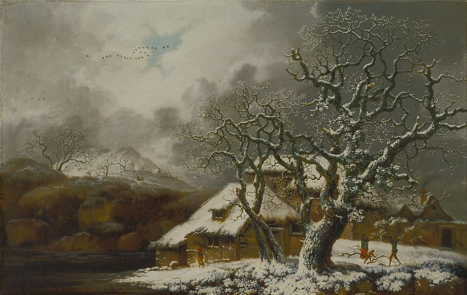 brown tree covered with snow beside house painting, george smith, HD wallpaper