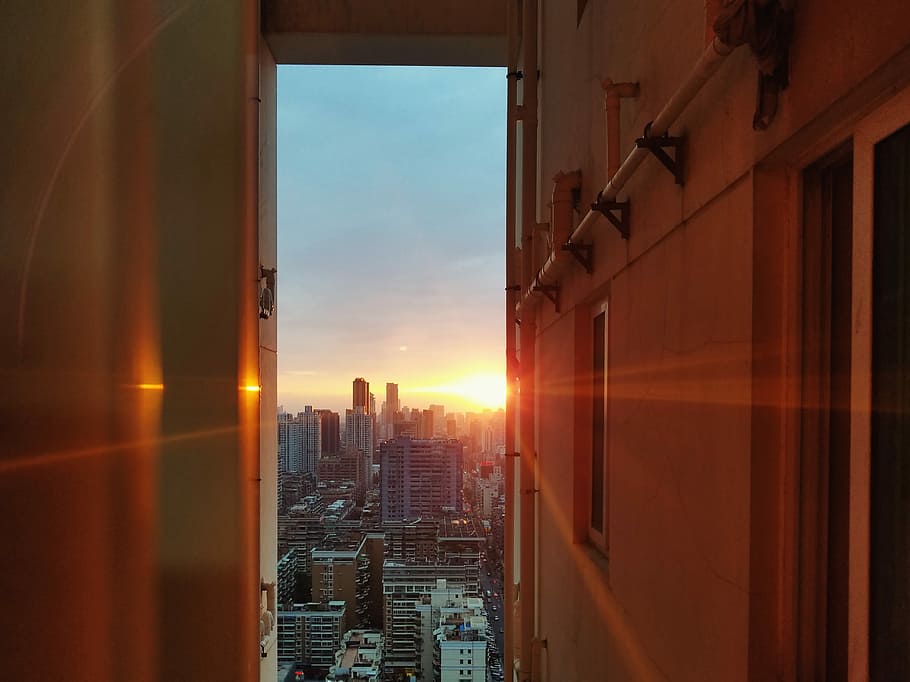 Sunset, aerial view of building, city, sunlight, alley, sunrise
