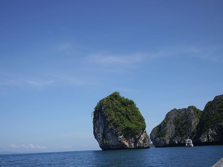 sea, rocks, sky, blue, travel, thailand, the ship, joy, appeasement HD wallpaper
