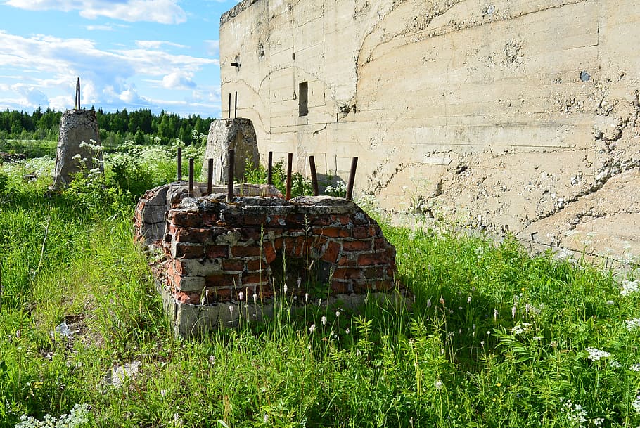 foundation, old, german, oven, devastation, grass, wall, sky HD wallpaper