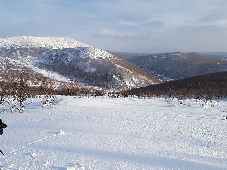 mountains, winter, snow, landscape, russia, sky, winter day HD wallpaper