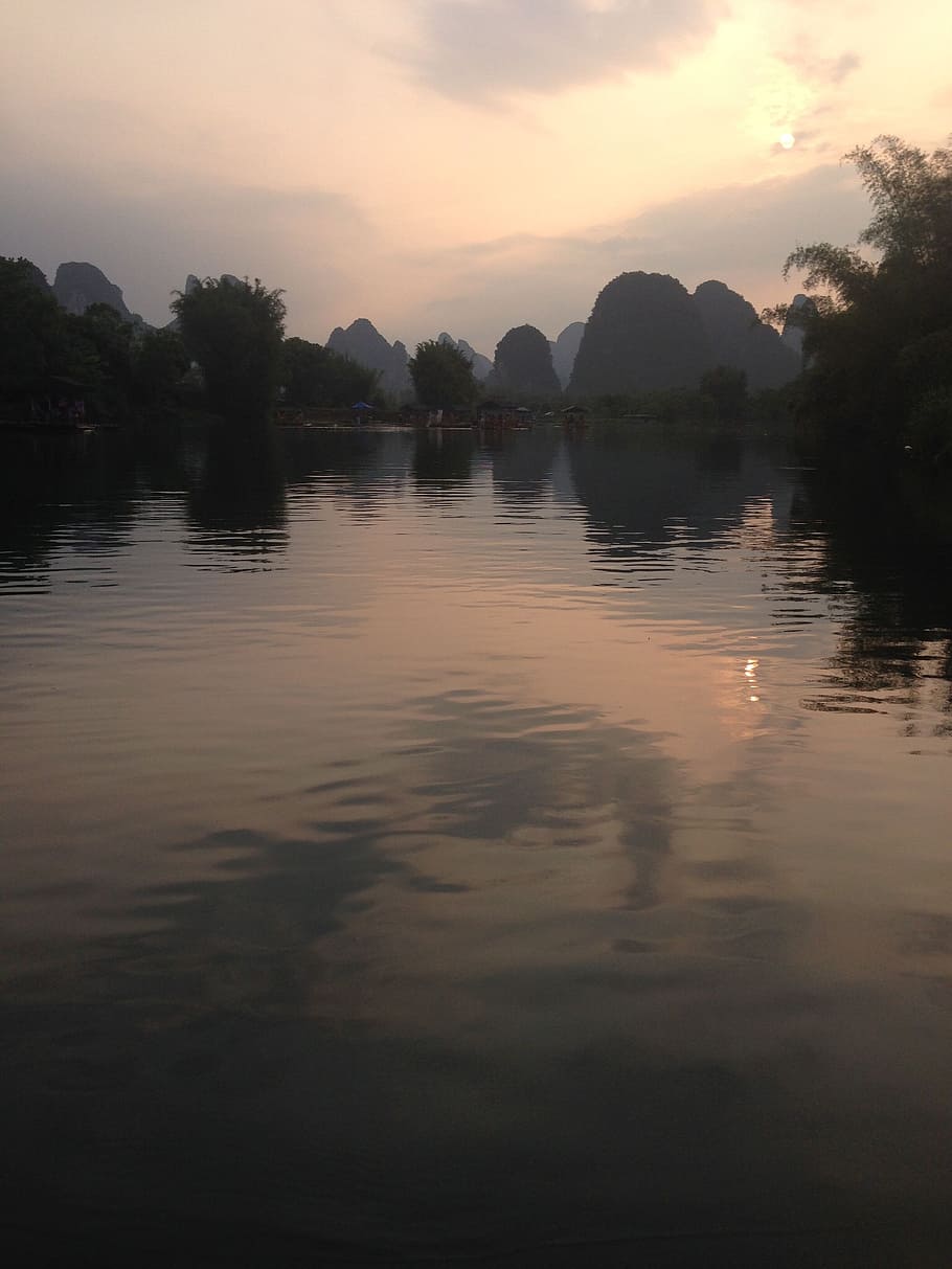 views, yangshuo, guilin, nature, asia, reflection, sunset, water HD wallpaper