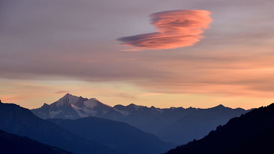sunset, mountains, sky, landscape, clouds, red, alpine, orange HD wallpaper