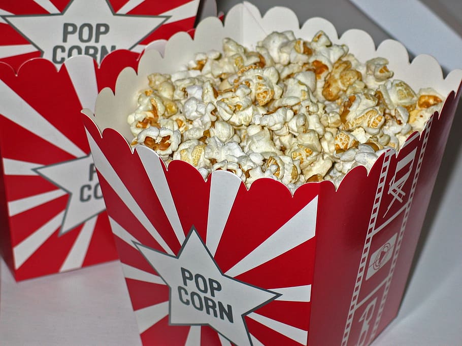 popcorns in box, cinema, snack, sweet, nibble, food, knabberzeug HD wallpaper