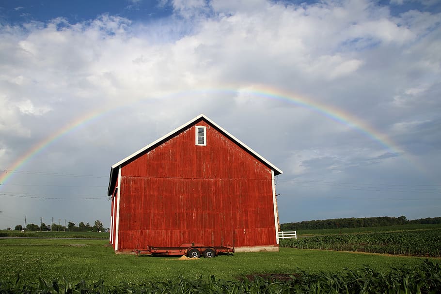 rainbow barn, red barn, old barn, barn back, rustic barn, cloud - sky HD wallpaper