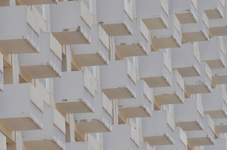 white concrete building, 3D photography of beige building, balcony, HD wallpaper