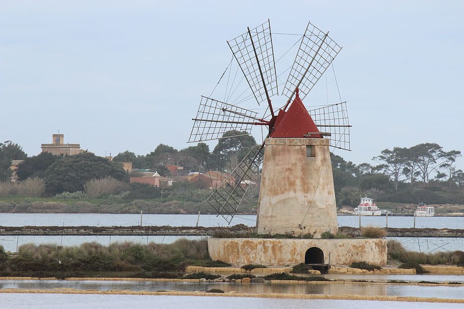 mill, windmill, drills, marsala, salina, sicily, water, landscape HD wallpaper