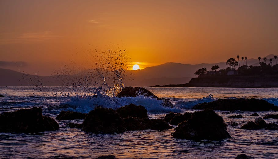 seawaves in rocks during golden hour, beach, sunset, sand, ocean, HD wallpaper