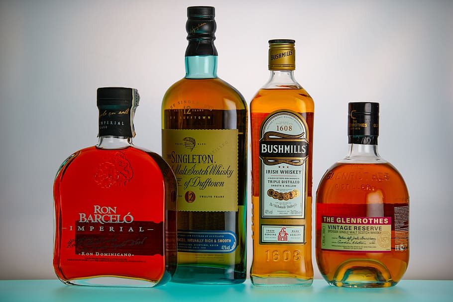 assorted-brand liquors, rum, whiskey, alcohol, bottle, to get drunk
