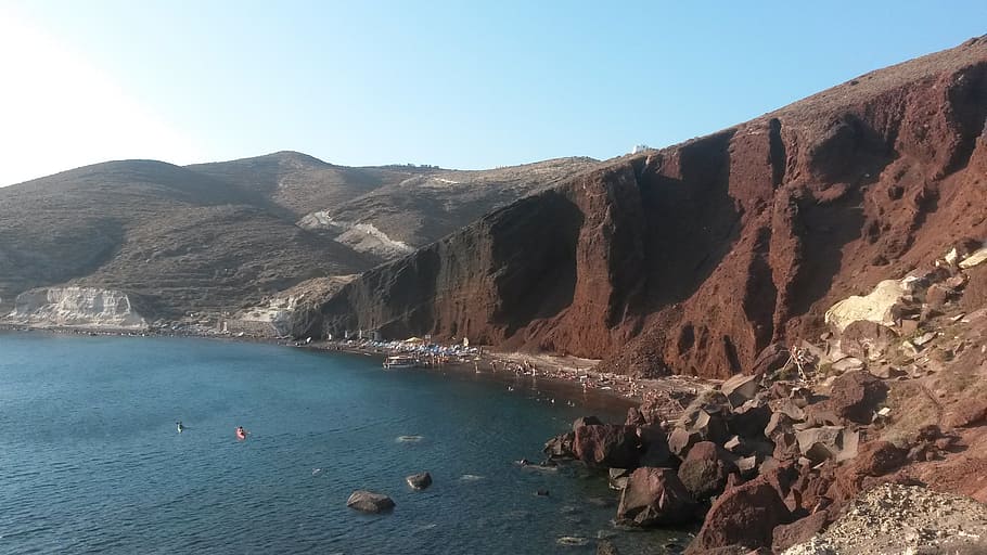 redbeach, santorini, thira, water, mountain, scenics - nature HD wallpaper