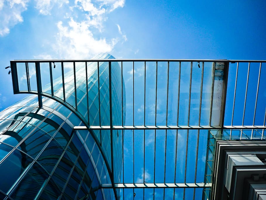 architecture, modern, building, skyscraper, facade, glass, bluish HD wallpaper