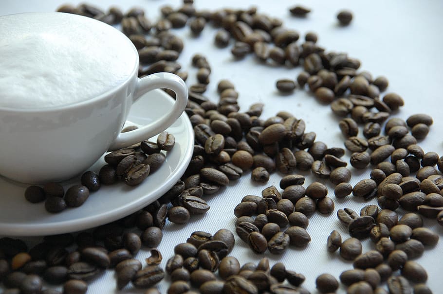 white ceramic cup with saucer and coffee beans, espresso, roasting HD wallpaper