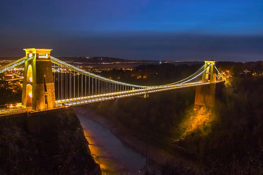 bridge with lights during night time photography, bristol, building