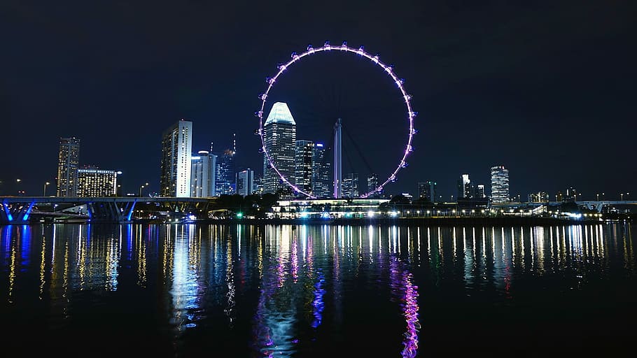 purple ferris wheel near body of water during night time, urban Skyline HD wallpaper