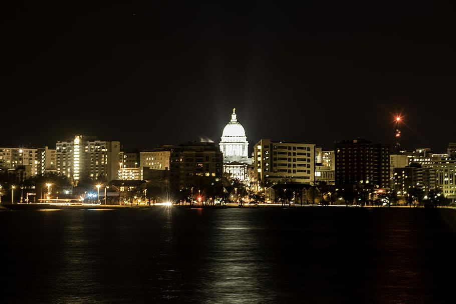 Madison Skyline at Night in Wisconsin, buildings, capital, city