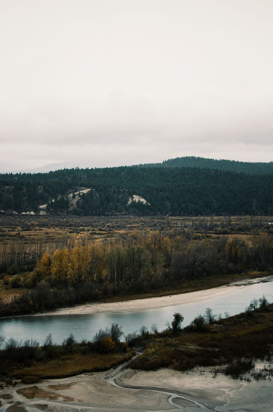 bird's-eye photography of river, body of water surrounded by trees and mountains HD wallpaper