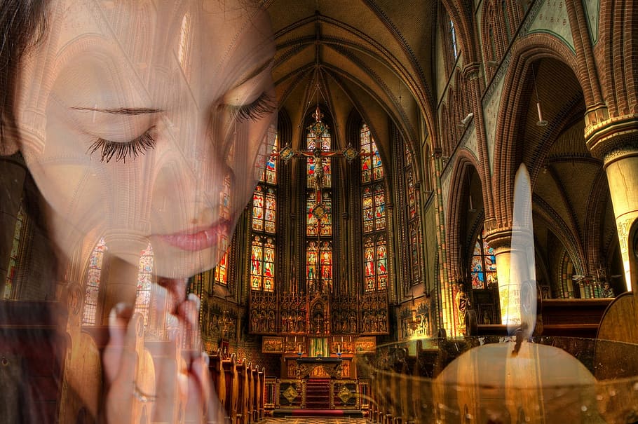 photo of woman playing with church interior background, praying