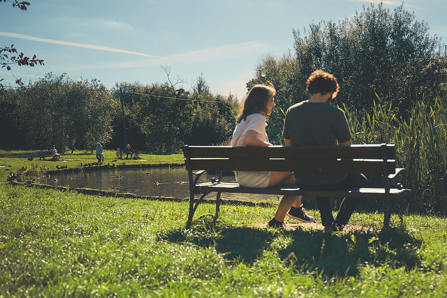 bench, landscape, sky, man, couple, daylight, environment, field HD wallpaper