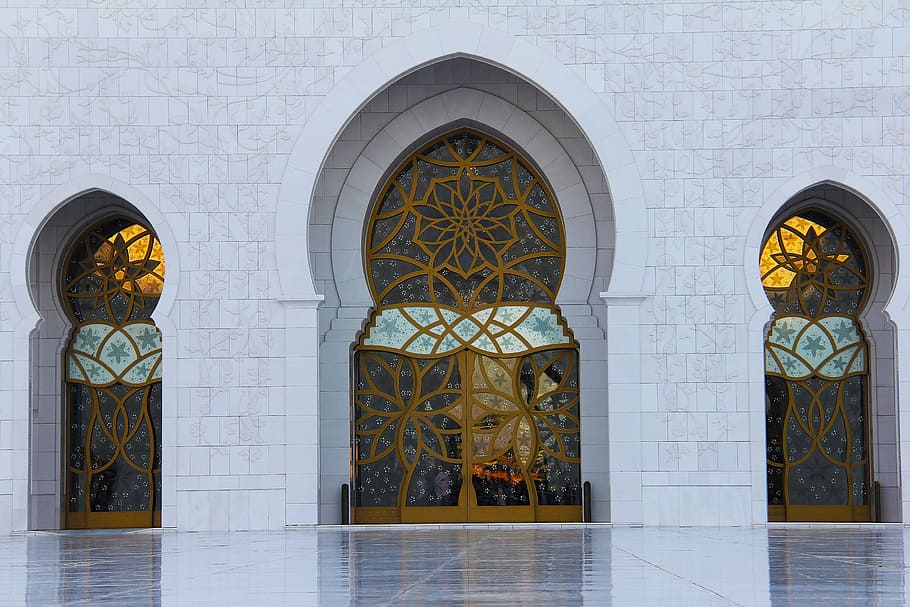 structure entrance, pray, muslim, sheikh zayed grand mosque, minaret, HD wallpaper