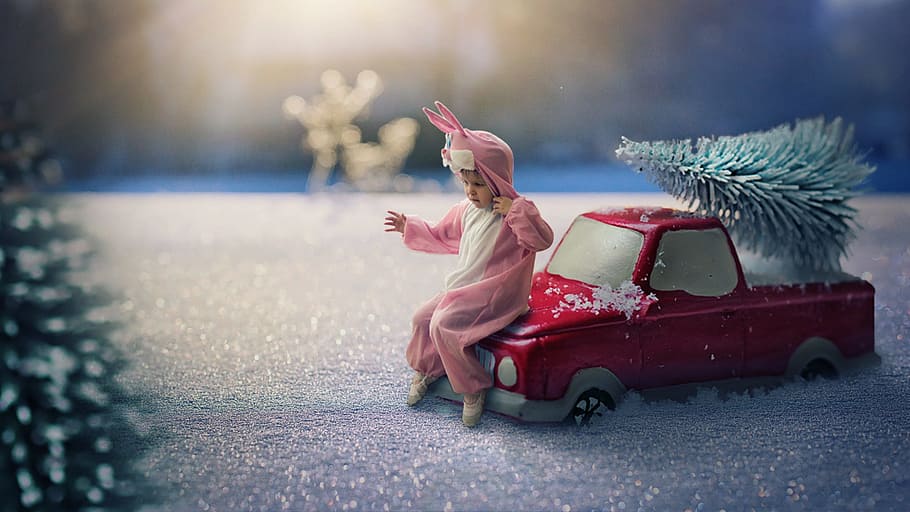 winter, miniature, manipulation, landscape, hare, digital manipulation HD wallpaper