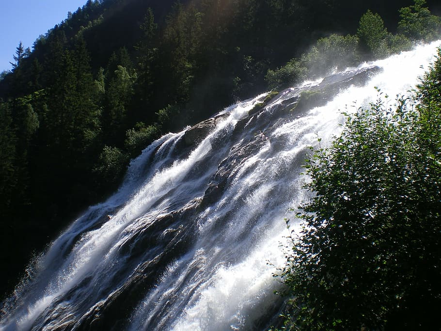 waterfall, nature, austria, alpine, tree, plant, beauty in nature HD wallpaper