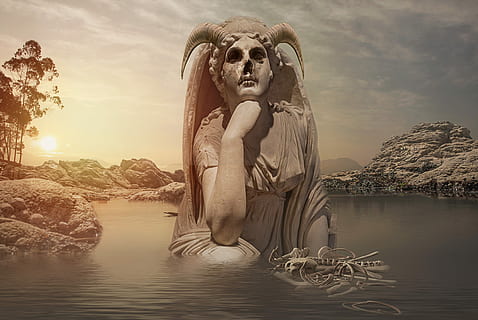 statue in the middle of pond, evil, macabre, horror, creepy HD wallpaper