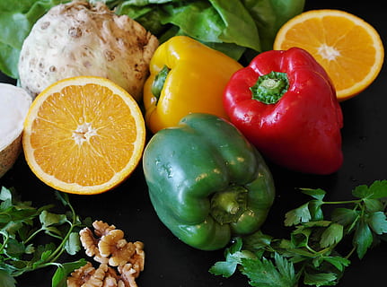 assorted vegetable lot, paprika, salad, celery, nuts, food HD wallpaper