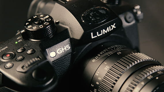 black Lumix DSLR camera, black Lumix GH5 DSLR camera, lens, equipment HD wallpaper