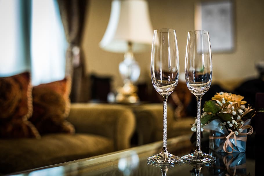 two clear wine glasses on table, Mugs, Wedding, wineglass, indoors HD wallpaper