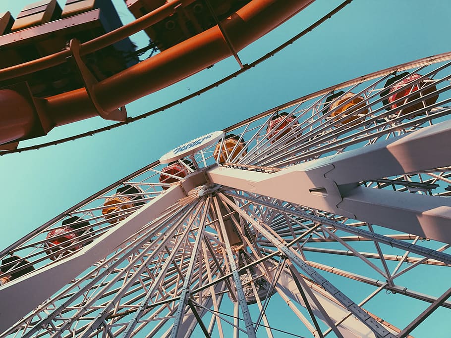 worm's eyeview of ferris wheel, Ferris Wheel, roller coaster HD wallpaper