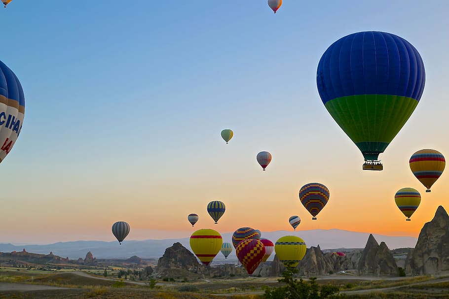hot air balloons during sunset, cappadocia, turkey, landscape