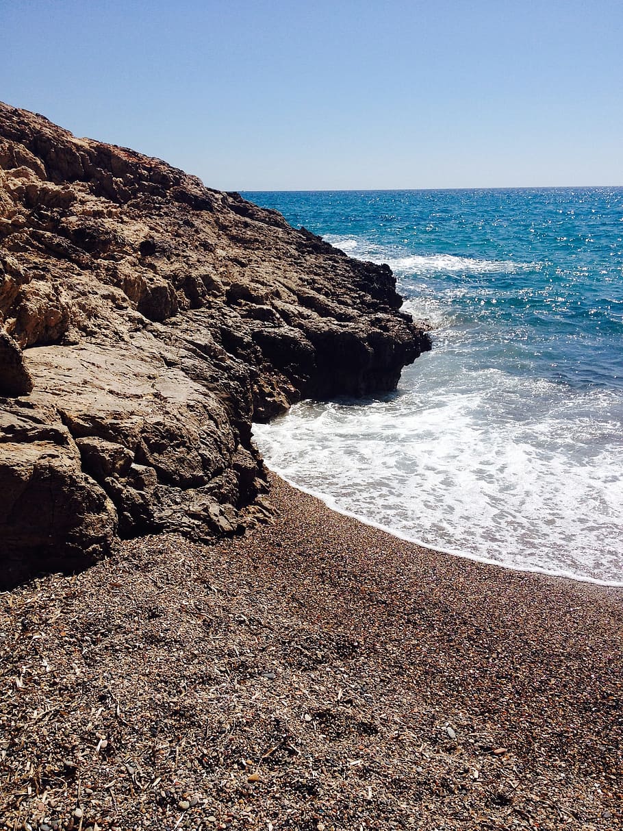 Beach, Coast, Sea, Spain, Water, blue, outlook, pebble, wave HD wallpaper
