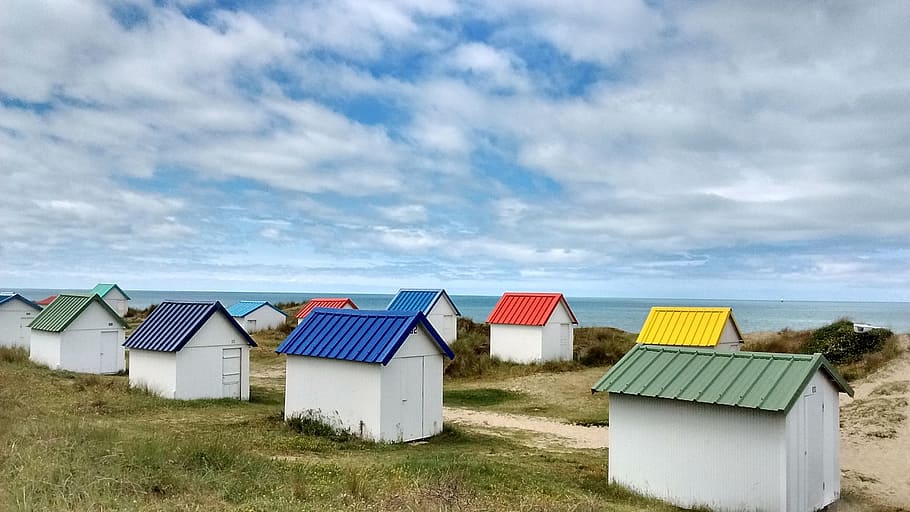 cabin, beach, holiday, blue, calm, cloud, ocean, sky, wood HD wallpaper