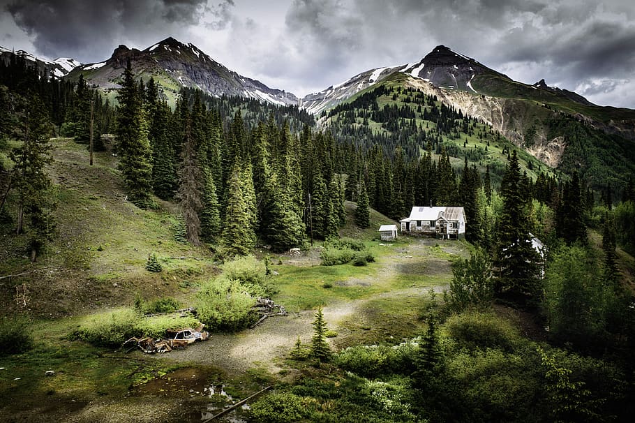 white house surrounded with pine trees near mountain, landscape photography of mountain peak near pine trees HD wallpaper