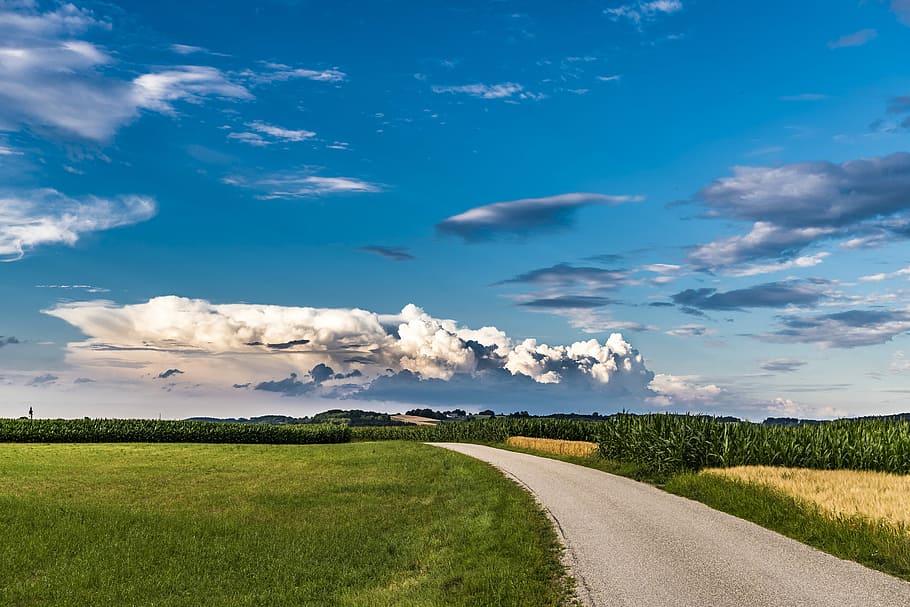road in between grass fields, Clouds, Nature, sky, blue, landscape HD wallpaper