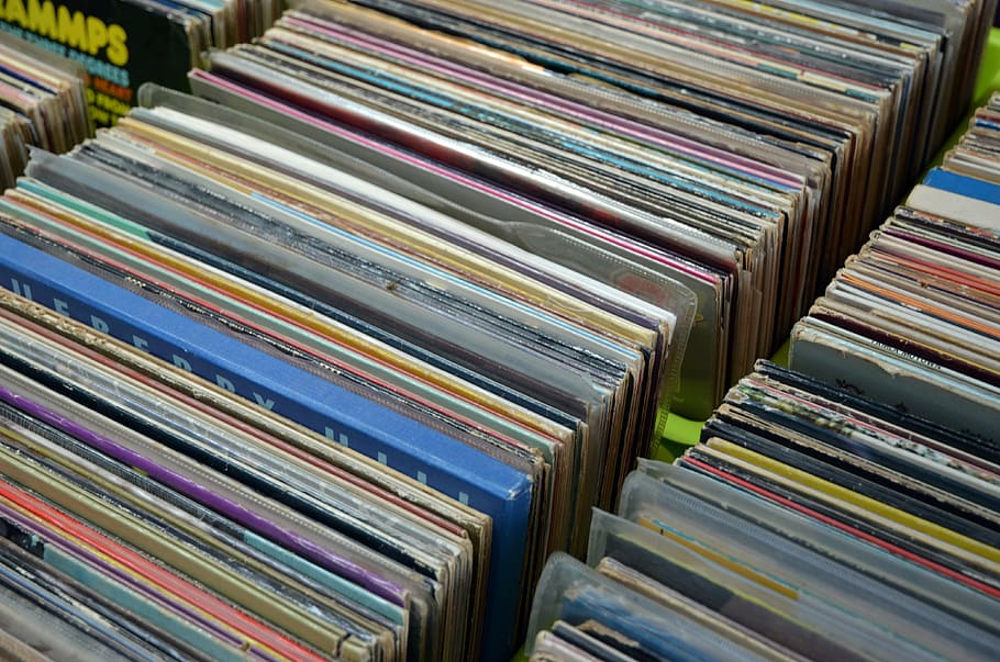 stacks of assorted-title vinyl record lot, records, collection