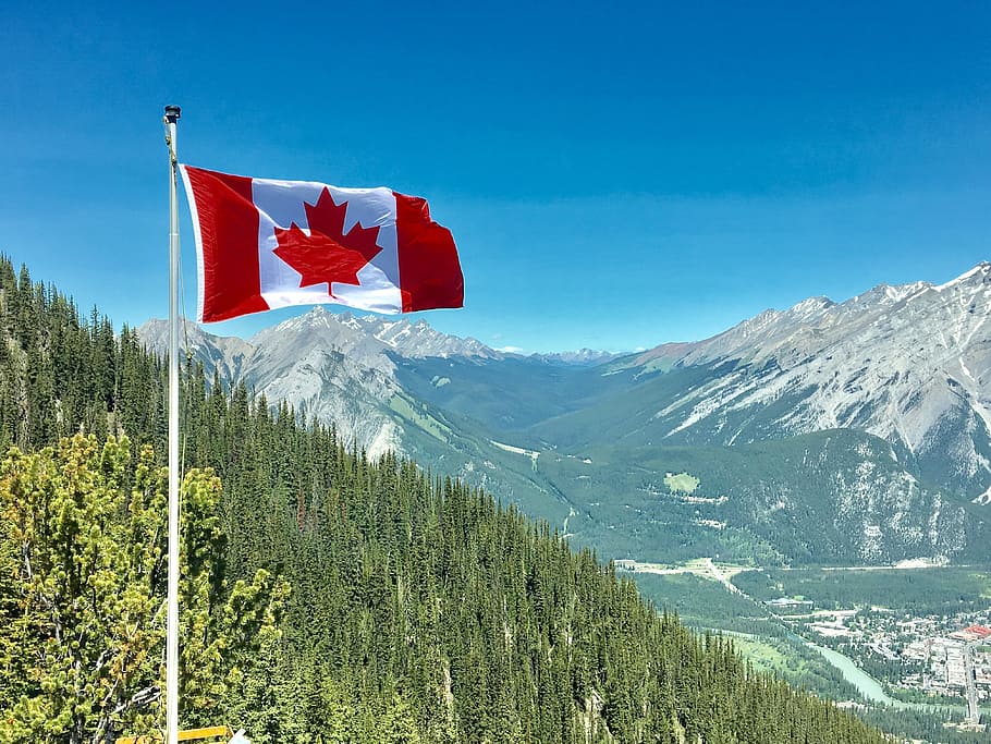 Canada Flag With Mountain Range View, adventure, alpine, cold
