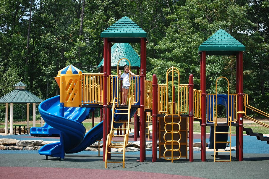 woman on top of house playground, Playground, Slide, Activity, HD wallpaper