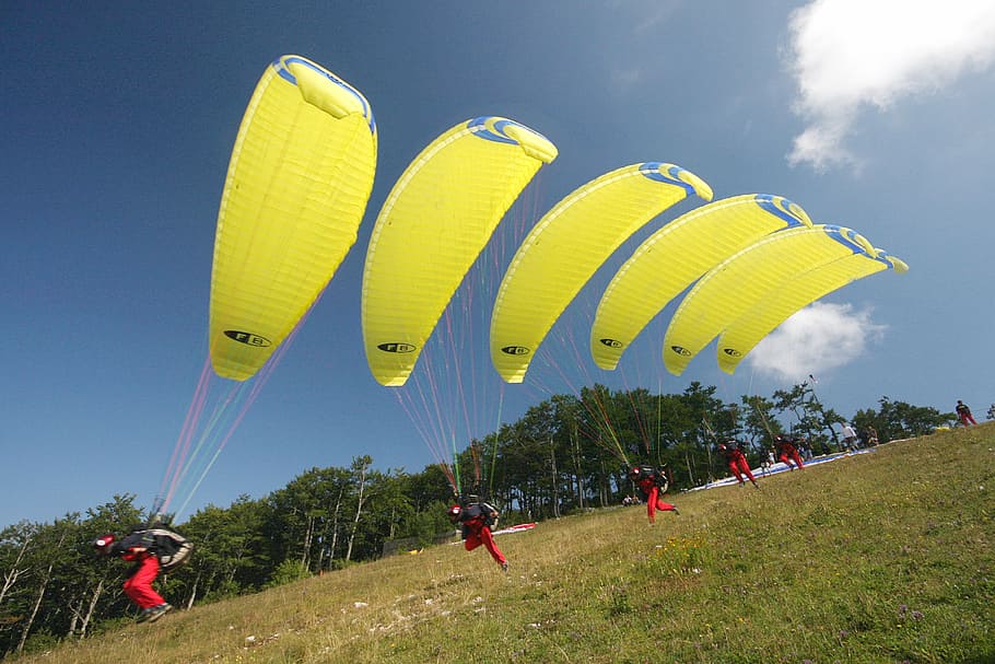 parachute, fly, multiple, extreme, jump, parachutist, sky, sport HD wallpaper