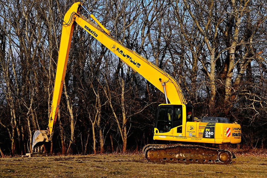 excavator, machine, yellow, technique, country, forest, trees HD wallpaper