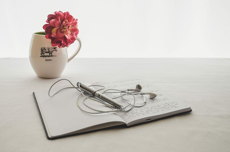 photo of opened notebook with pen and earphones with white ceramic mug and pink petaled flower in bloom HD wallpaper