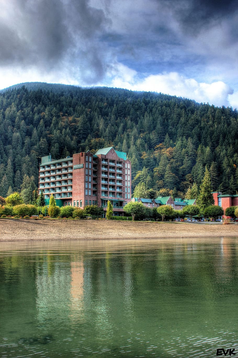 lake, clouds, harrison, hotsprings, beach, mountain, blue, built structure