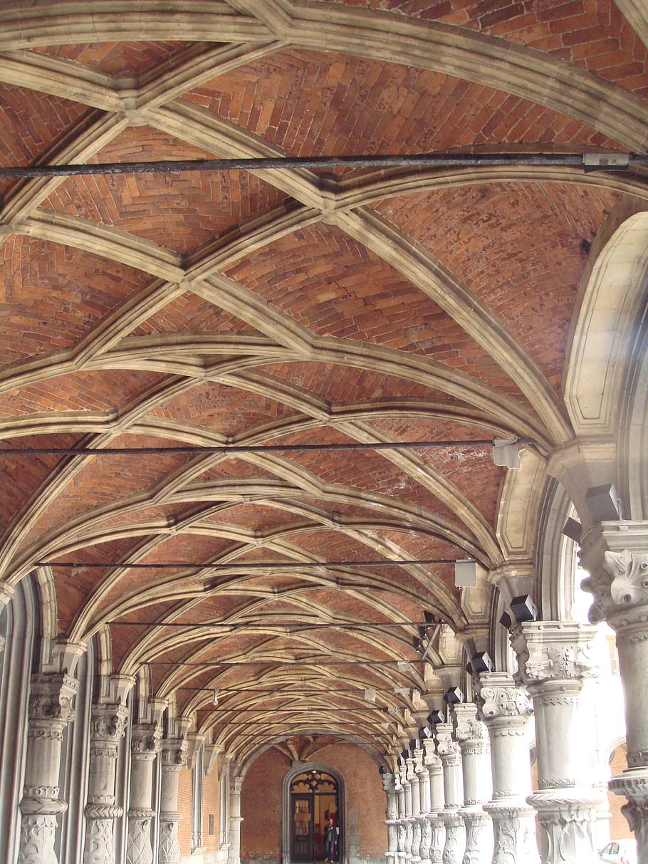 monastery, walkway, ceiling, liege, belgium, bricks, arch, architecture HD wallpaper