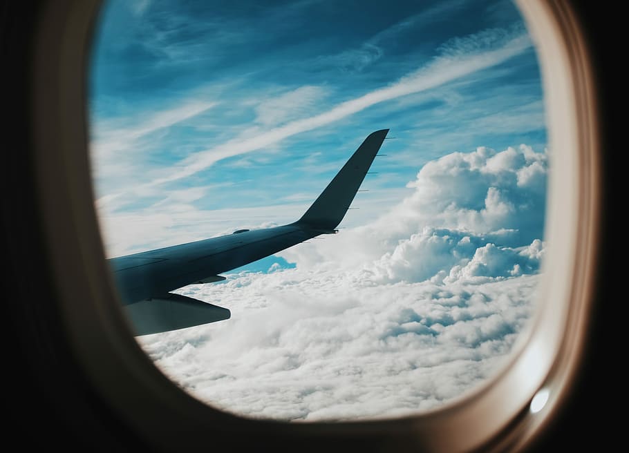 person taking picture of plane wings while flying during daytime, right airliner wing HD wallpaper