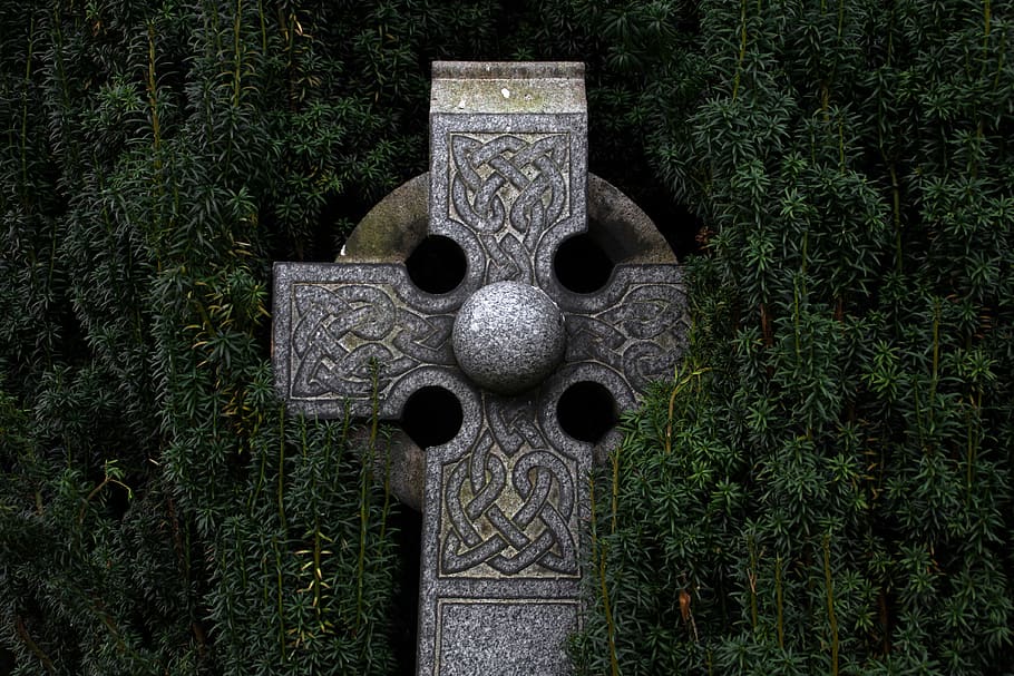 gray concrete cross statue, gray concrete cross between green leaf plant HD wallpaper