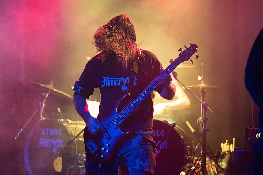 man wearing black shirt playing guitar, band, music, bass, audio
